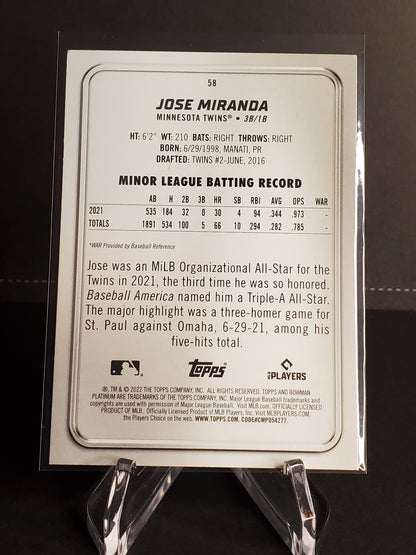 Jose Miranda 2022 Bowman Platinum RC #58