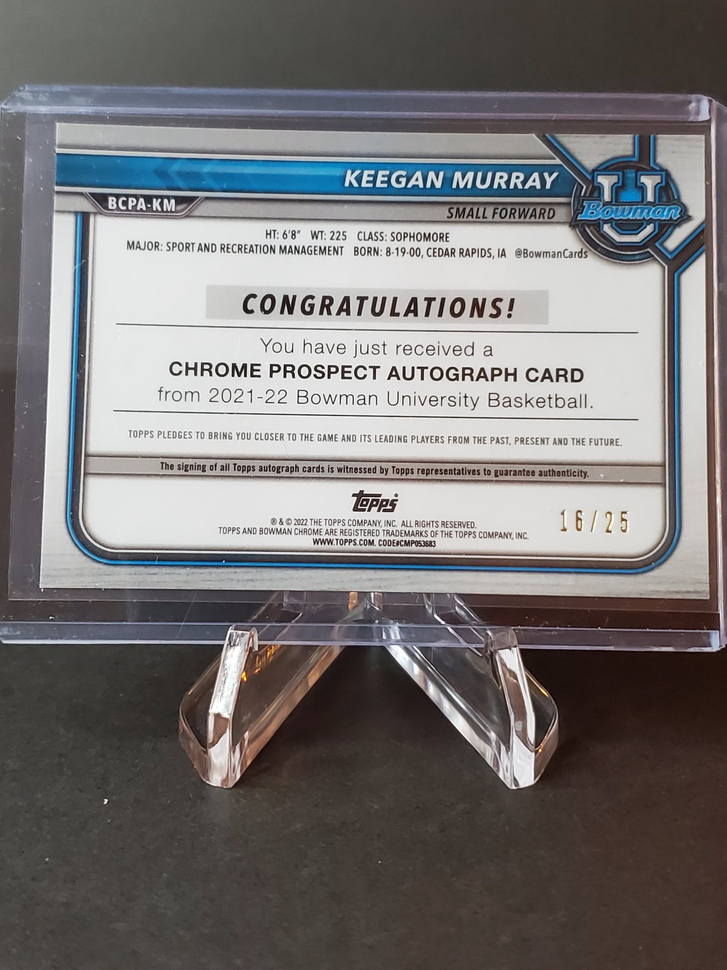 Keegan Murray 2021-22 Bowman University Chrome Orange Shimmer Refractor AUTO /25 #BCPA-KM