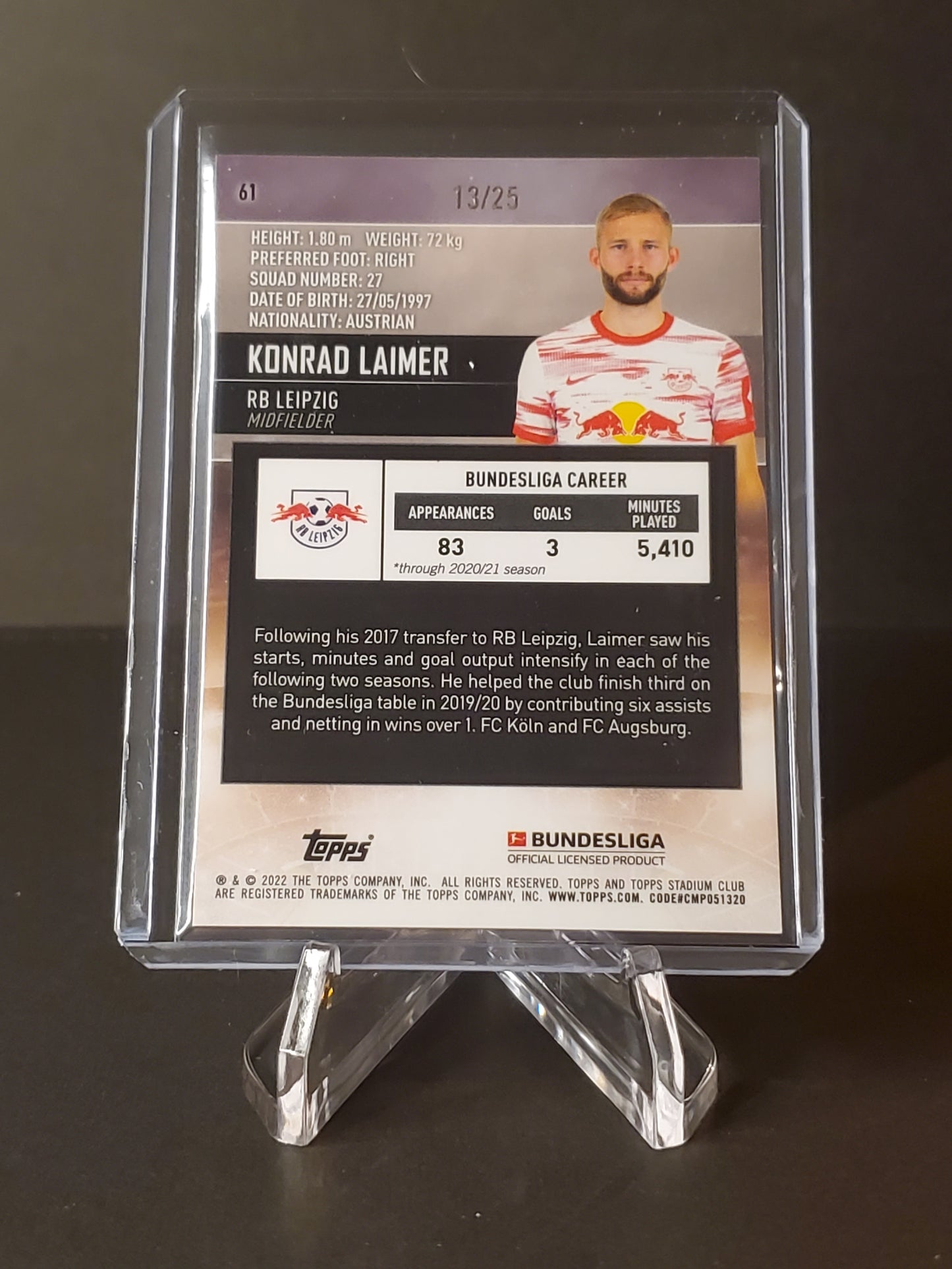 Konrad Laimer 2021-2022 Topps Stadium Club Chrome Orange Refractor #61: /25