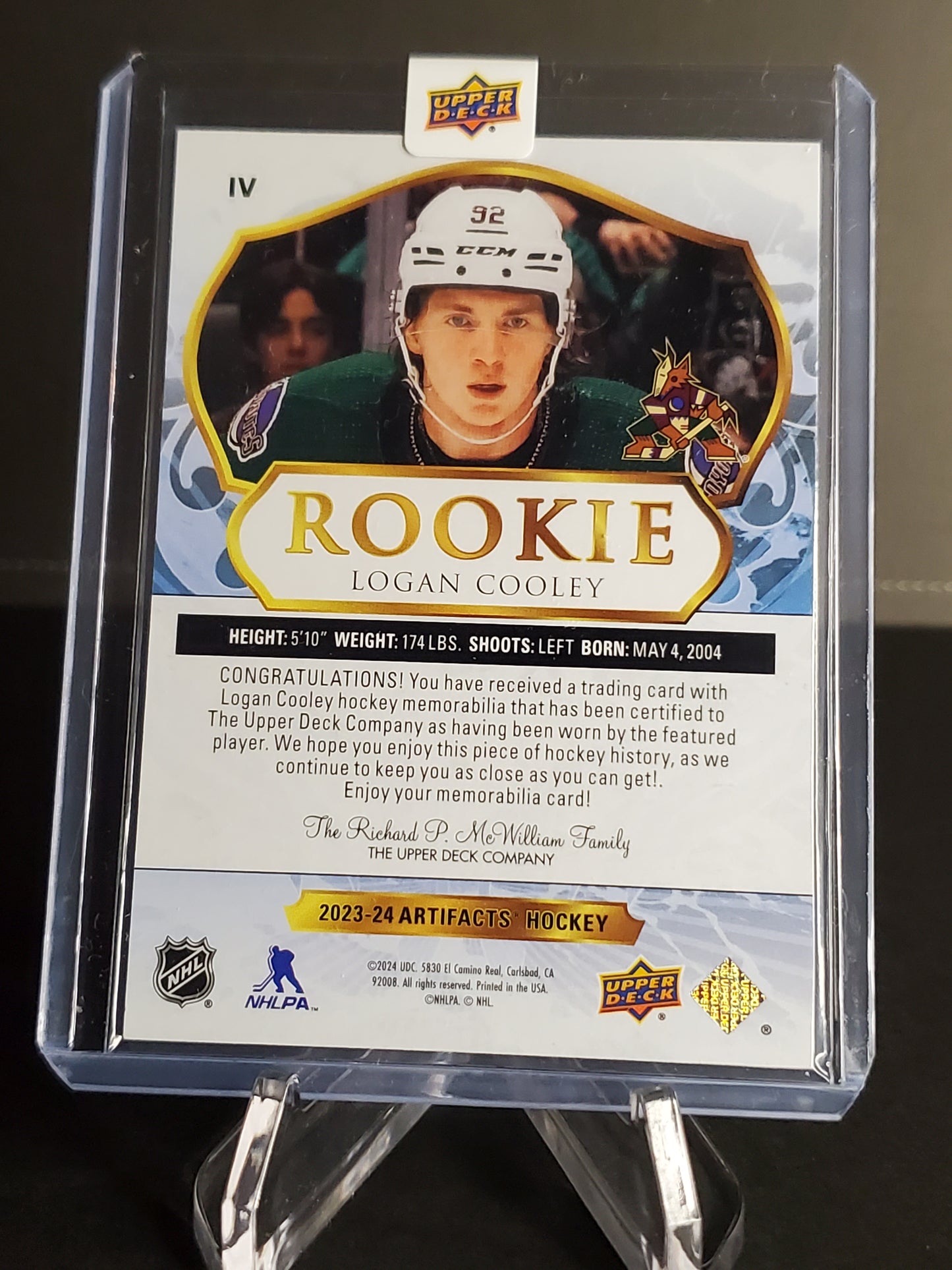 Logan Cooley 2023/24 Upper Deck Artifacts Rookie Gold Dual Jersey /399 #IV