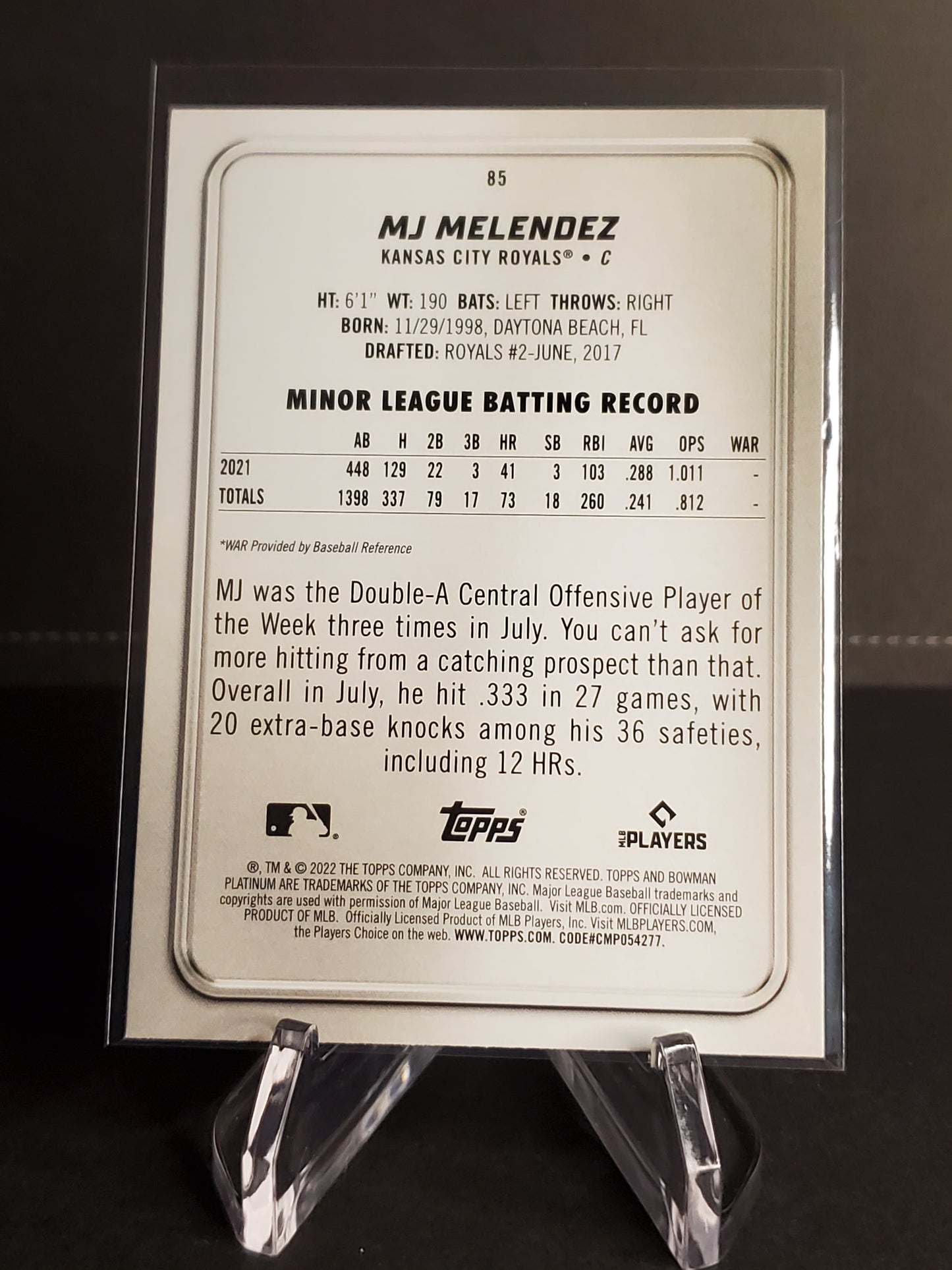 MJ Melendez 2022 Bowman Platinum RC #85