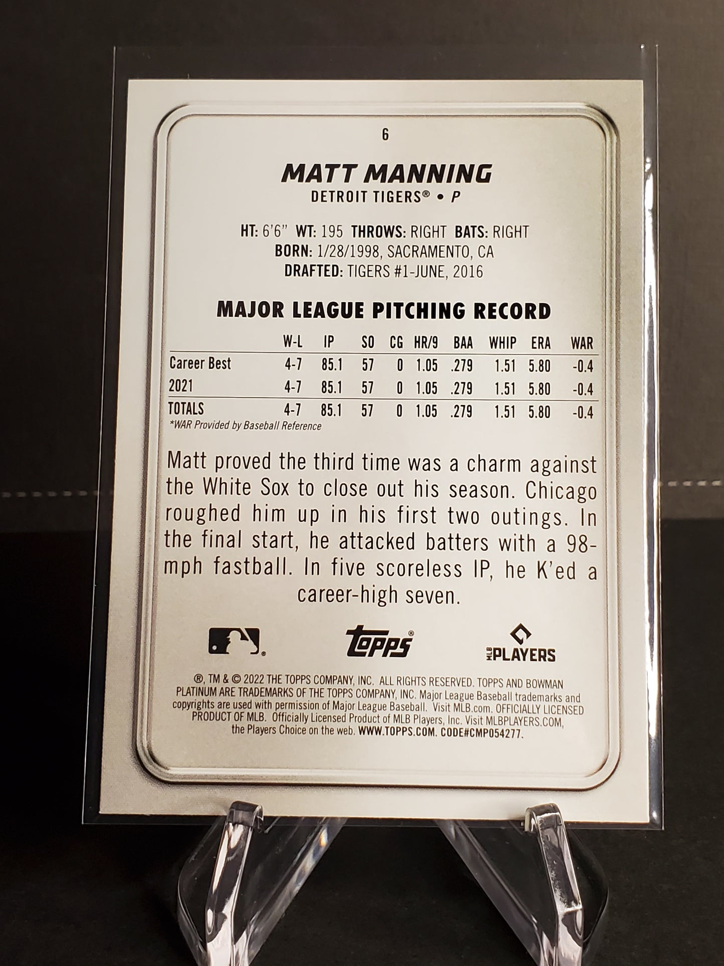 Matt Manning 2022 Bowman Platinum RC #6