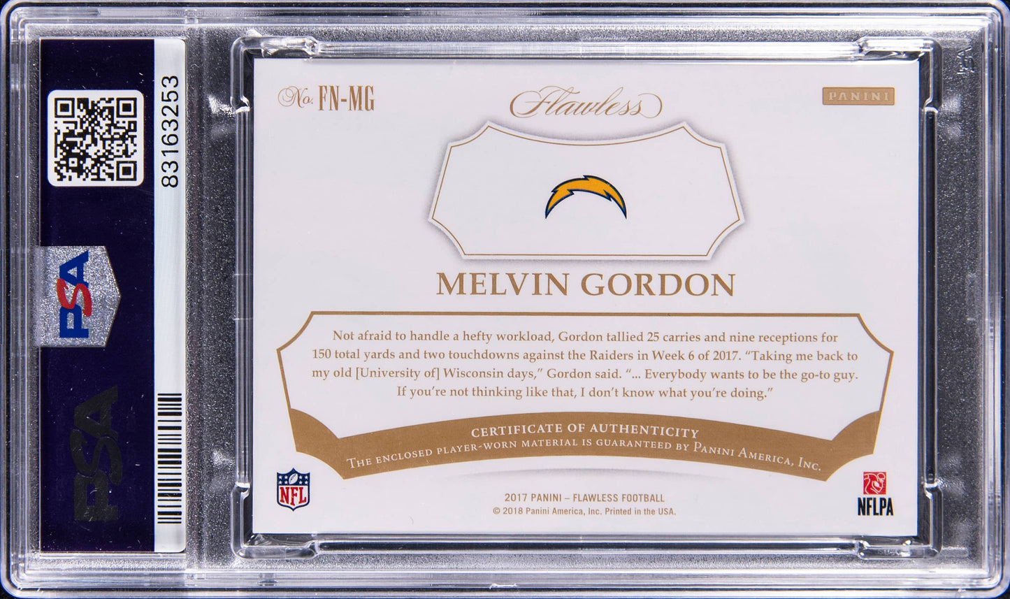 2017 Panini Flawless Melvin Gordon Symbols Nike Jumbo Patch 1/1 PSA 9 #FN-MG