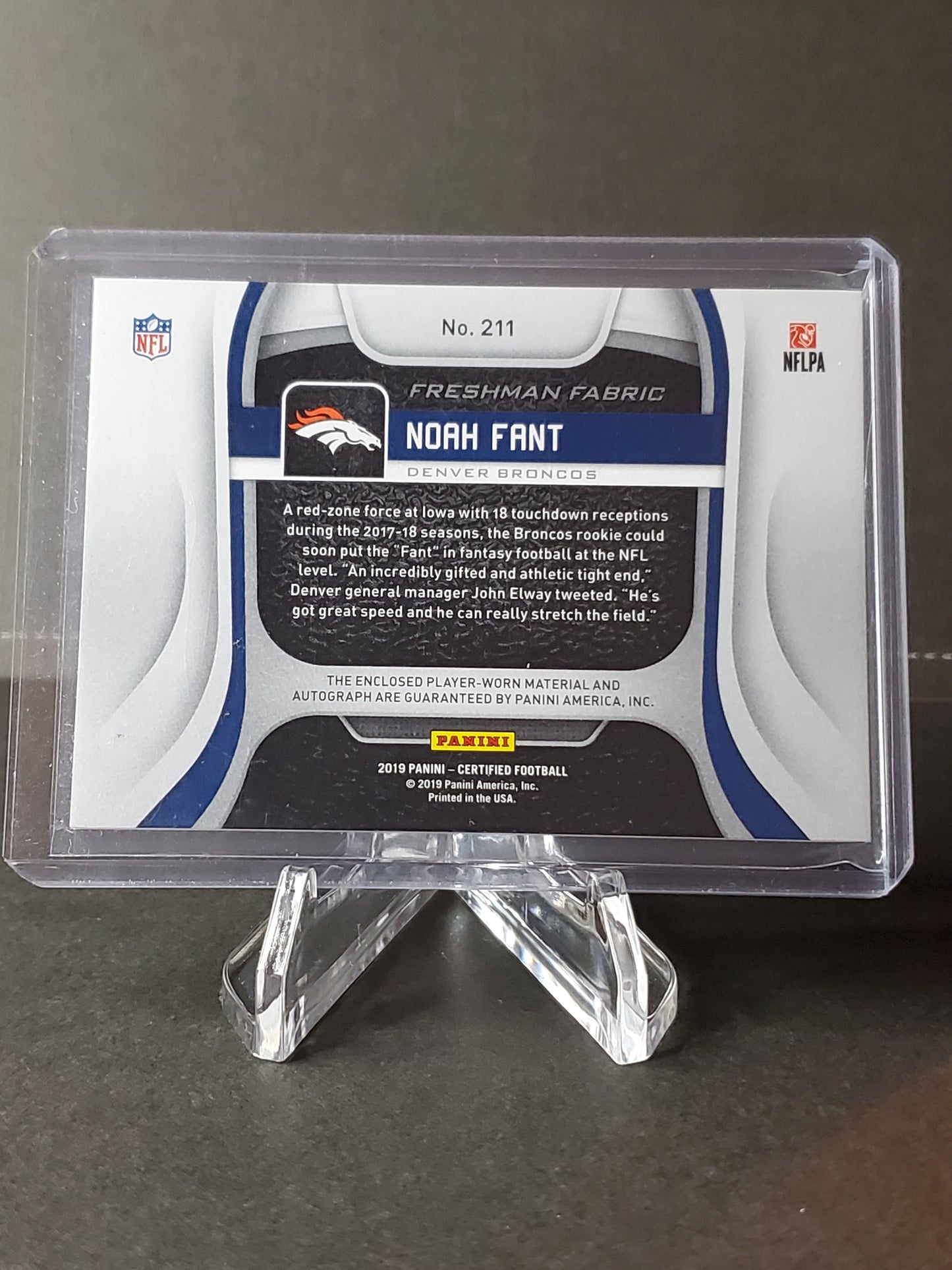 Noah Fant 2019 Panini Certified Football RPA - (RC) Jumbo Patch, AUTO #211: /299