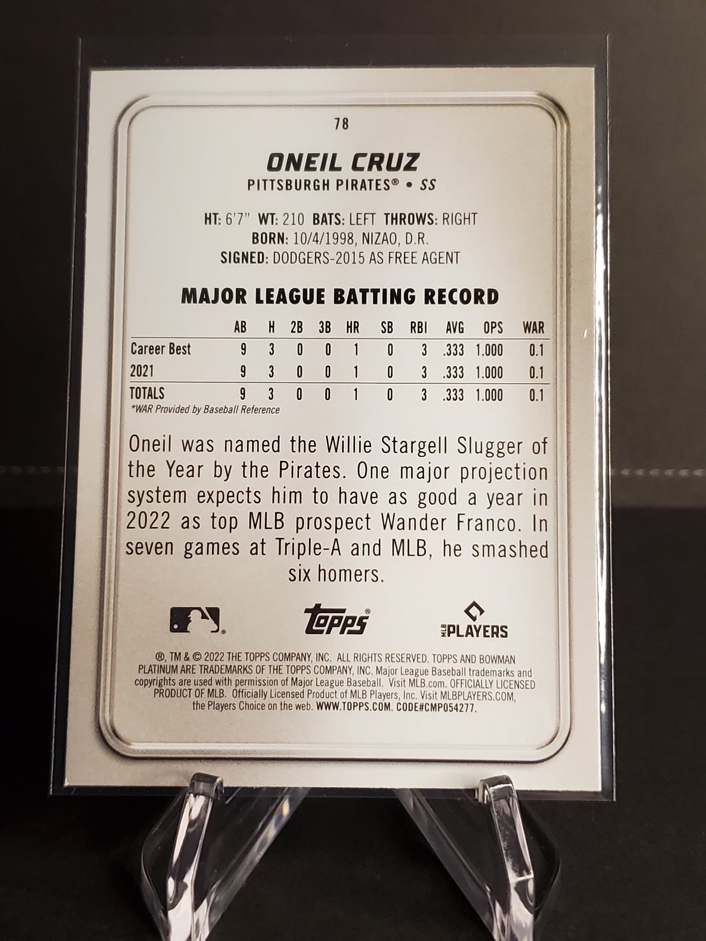 Oneil Cruz 2022 Bowman Platinum RC #78