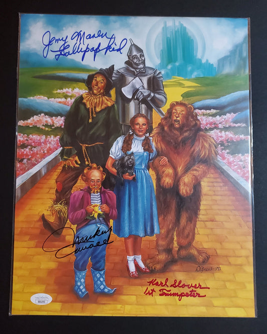 Mickey Carroll, Karl Slover & Jerry Maren Signed "The Wizard of Oz" 11x14 Photo with Multiple Inscriptions (JSA)