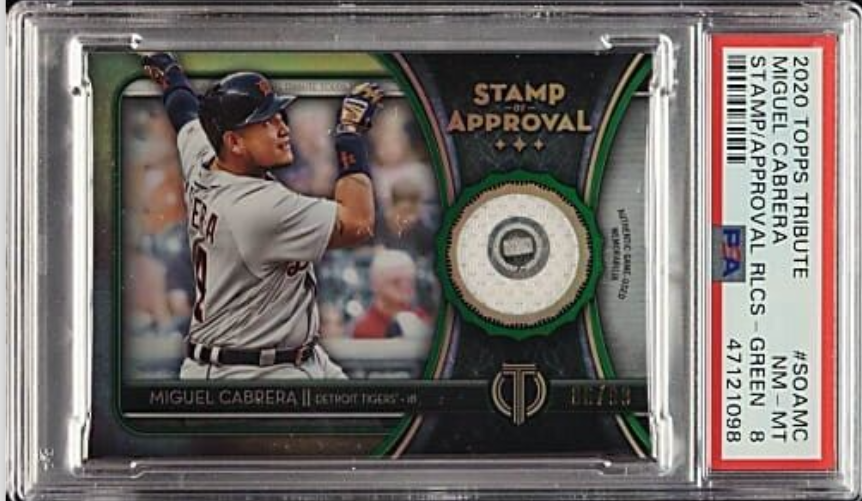 2020 Topps Tribute Miguel Cabrera Stamp of Approval Relics /99 PSA 8 (POP 2)!