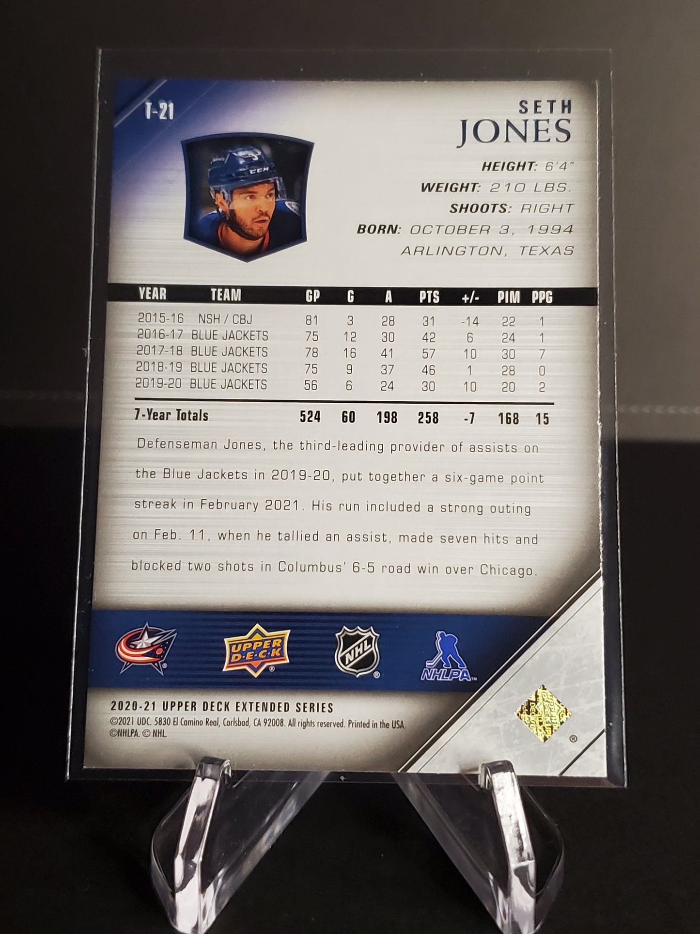 Seth Jones 2020-21 Upper Deck Extended Series Tribute #T-21