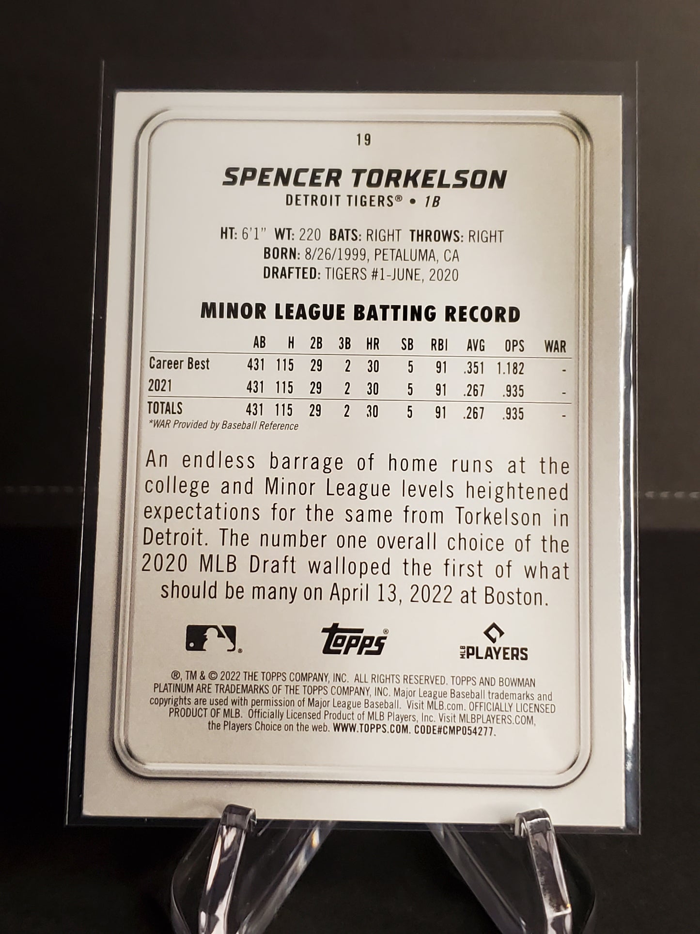 Spencer Torkelson 2022 Bowman Platinum RC #19