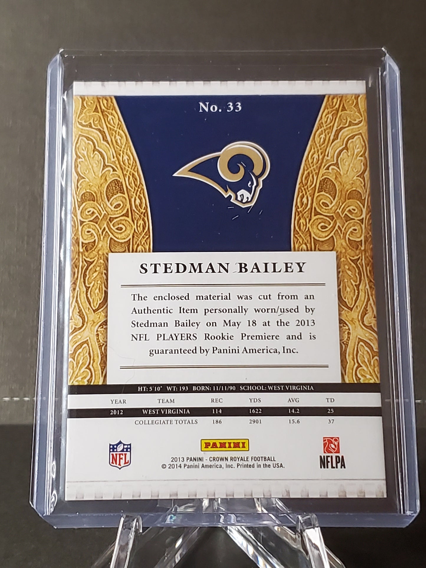 Stedman Bailey 2013 Panini Crown Royale RC Player Worn Relic #33, /299