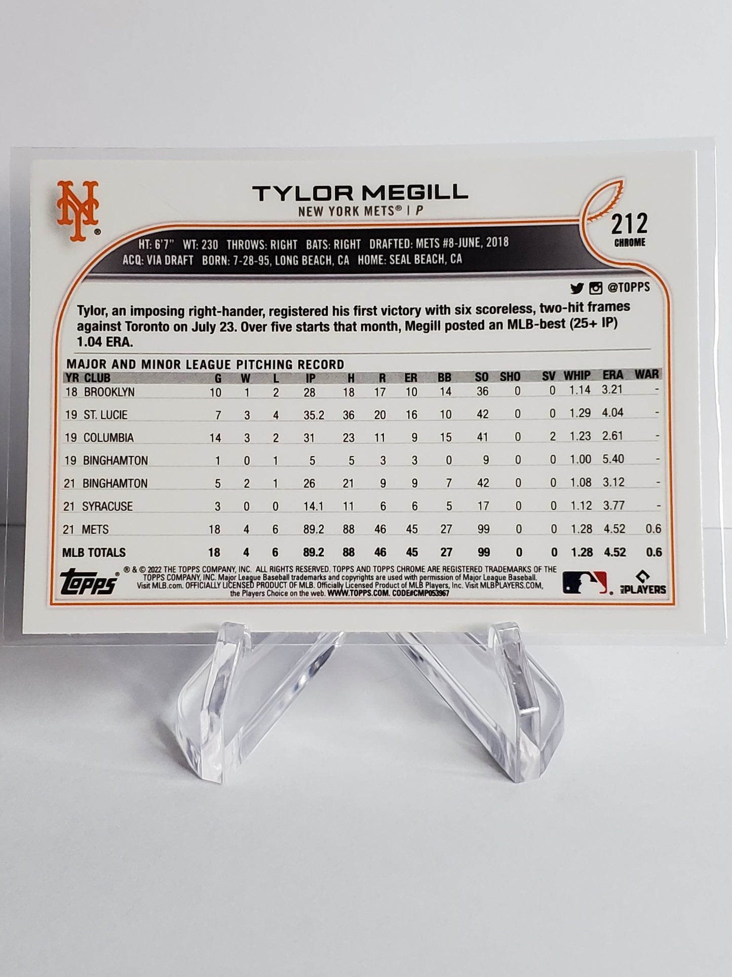 Tylor Megill 2022 Topps Chrome RC #212