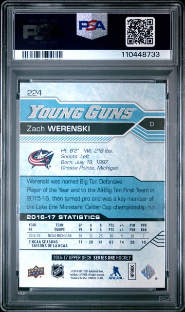 Zach Werenski 2016-17 Upper Deck Young Guns Rookie #224 PSA 8
