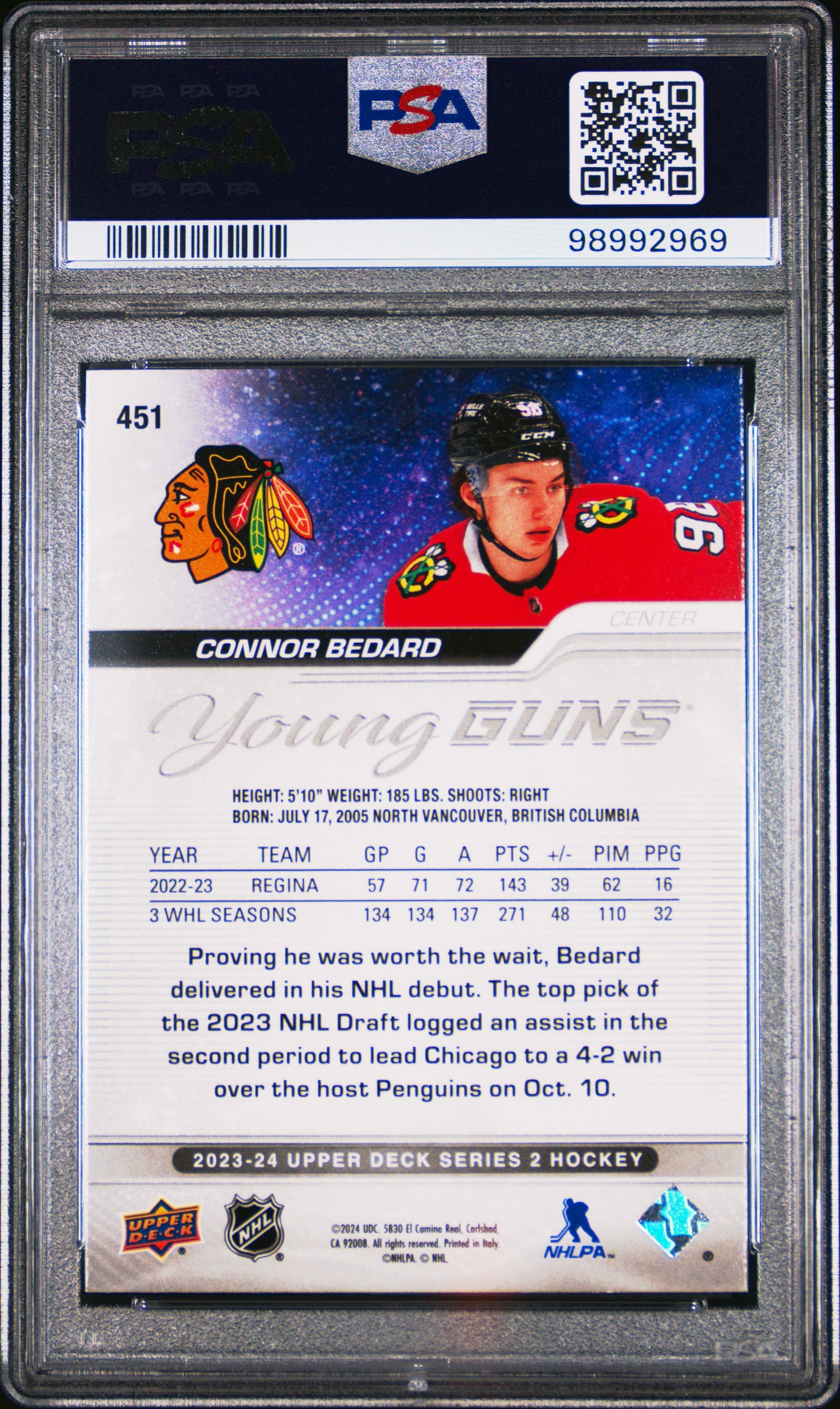 2023 UPPER DECK #451 CONNOR BEDARD PSA 10