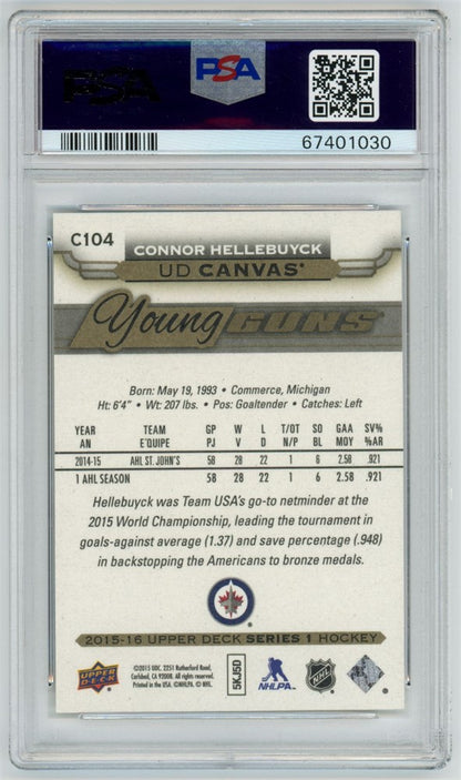 2015 Upper Deck Canvas Young Guns Connor Hellebuyck PSA 10 RC YG GEM MINT