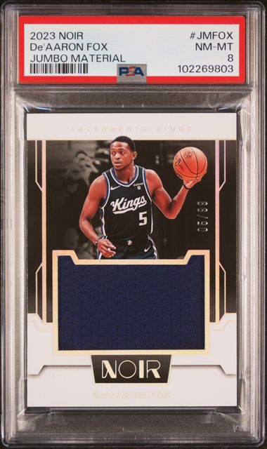 2023 Panini Noir Jumbo Materials De’Aaron Fox #JMFOX Jersey Match PSA 8 Kings