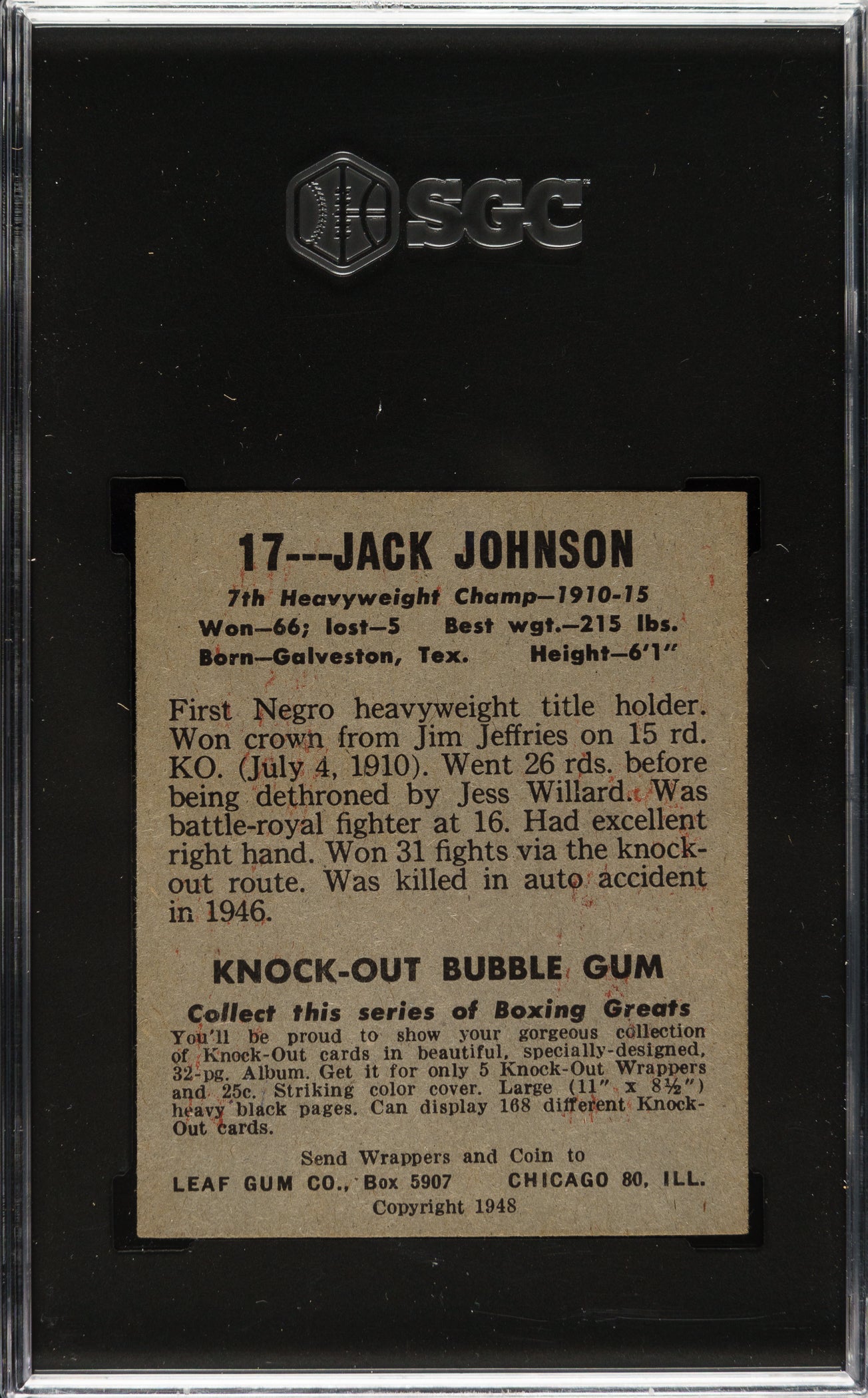 1948 Leaf Boxing #17 Jack Johnson SGC 5 EX HOF Legend, Vintage Heavyweight Icon