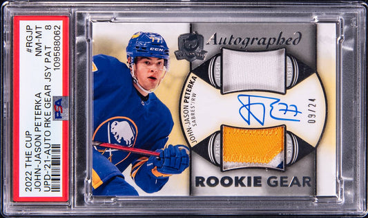 2022‑23 UD The Cup Update 21‑22 Rookie Gear # /24 JJ Peterka Auto Patch PSA 8