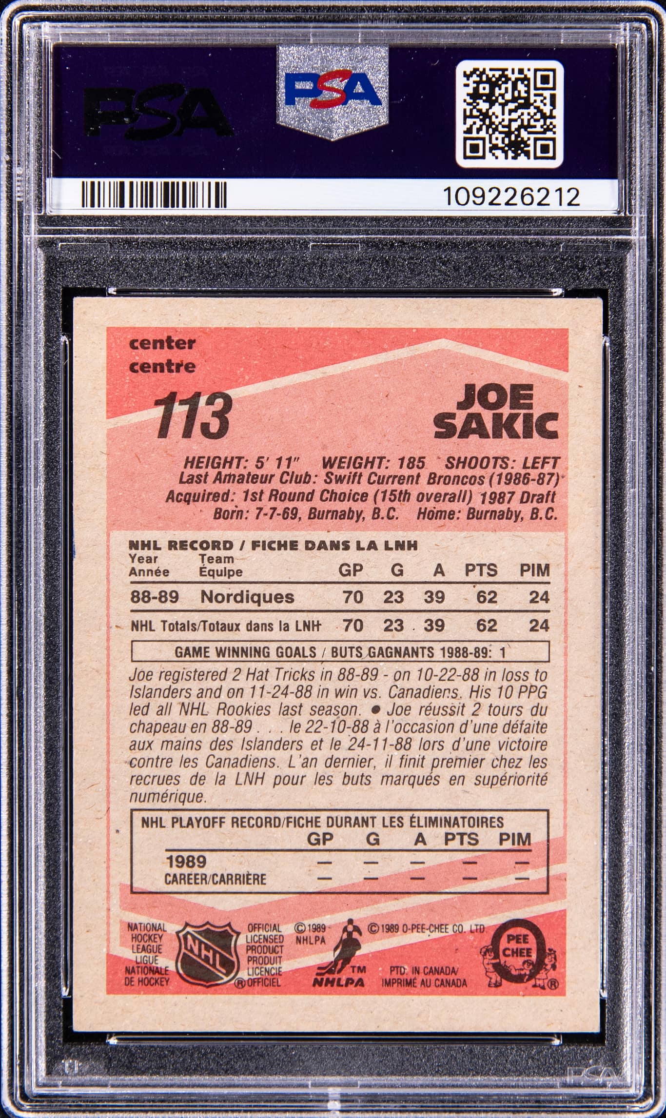 1989-90 O-Pee-Chee #113 Joe Sakic Signed Rookie Card - PSA/DNA Authentic