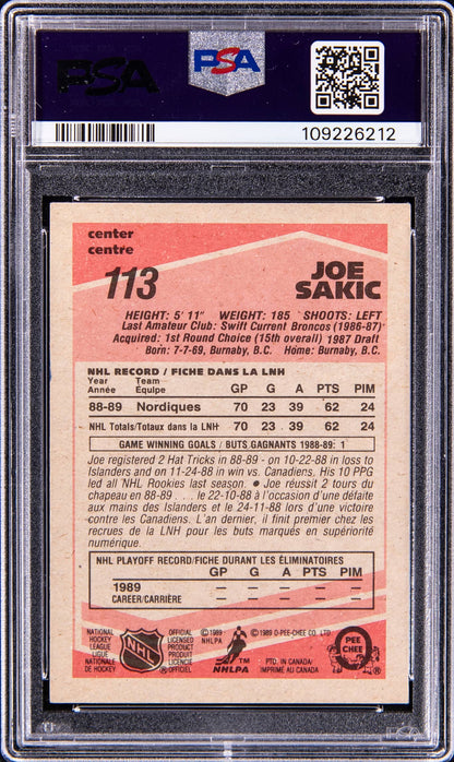 1989-90 O-Pee-Chee #113 Joe Sakic Signed Rookie Card - PSA/DNA Authentic