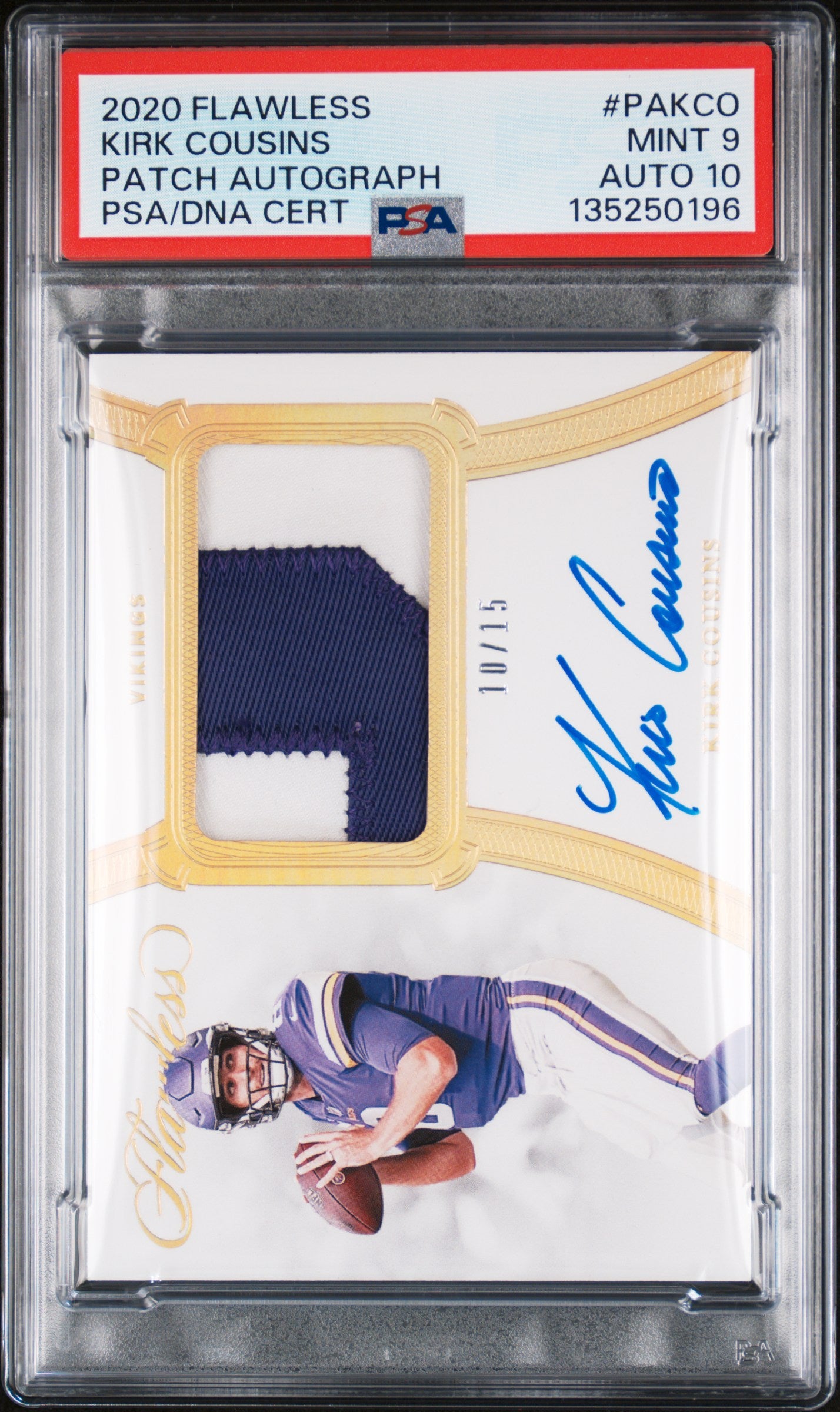 2020 Panini Flawless Kirk Cousins Patch AUTO #PA-KCO NFL RPA PSA 9/10 MINT