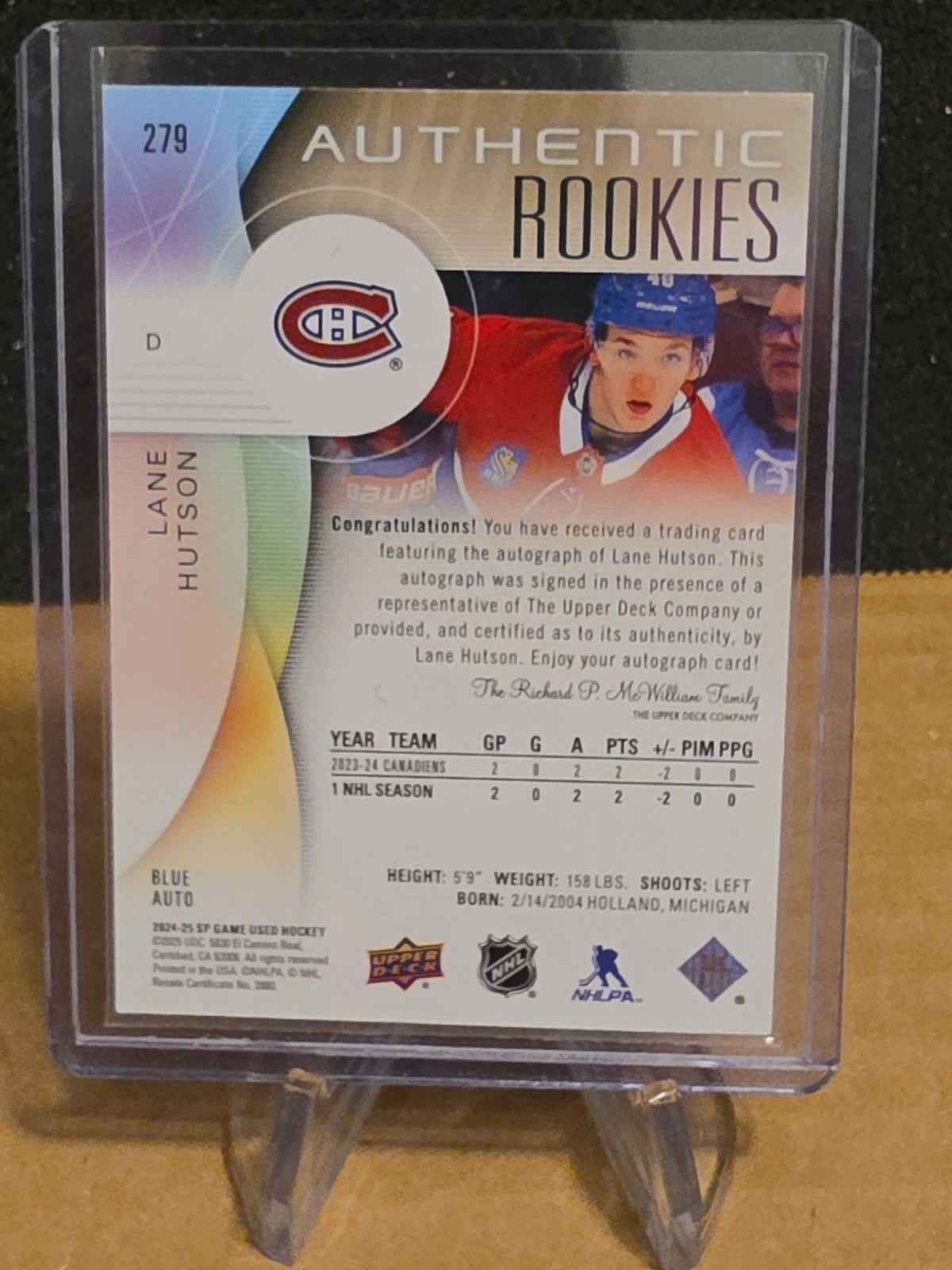2024-25 SP Game Used Lane Hutson AUTO Autograph Blue Rookie RC #279 Canadiens