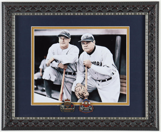 Babe Ruth & Lou Gehrig Yankees Custom Framed Photo Display With 1927 & 1932 Official World Series Pins