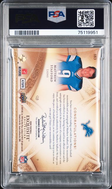 2009 Upper Deck Exquisite Matthew Stafford #183 RC Rookie Patch AUTO /99 PSA 8